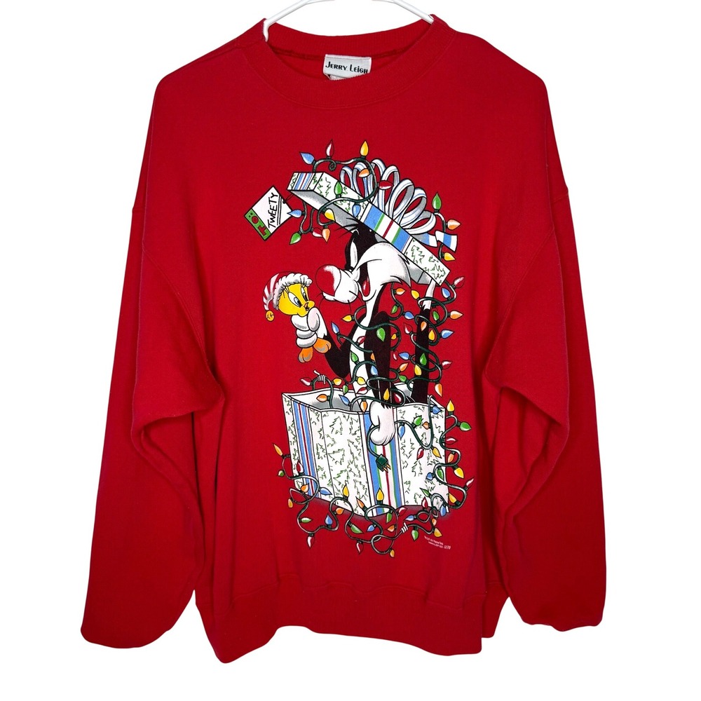 Vintage 1994 Jerry Leigh Looney Tunes Christmas Sweatshirt Sylvester Tweety‎ Red